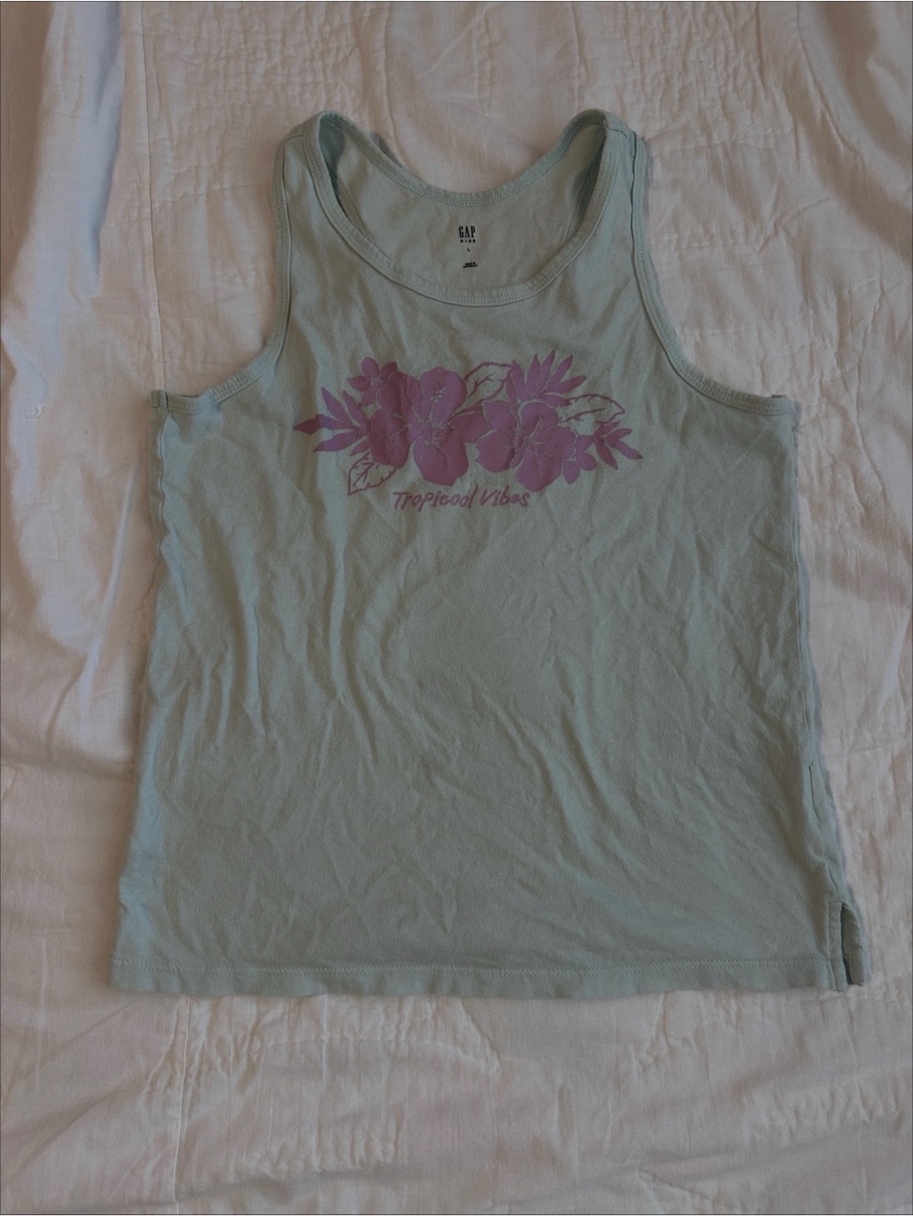 GAP Light Mint Tank Top with Pink Floral Graphic
